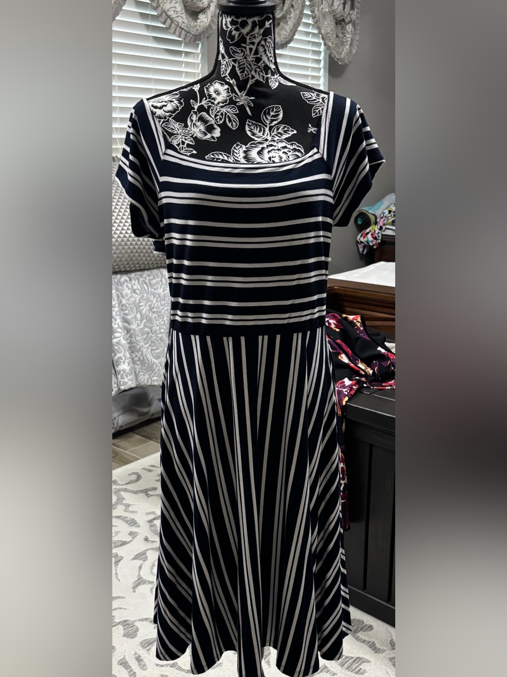 LOFT Black and White Striped Midi Dress